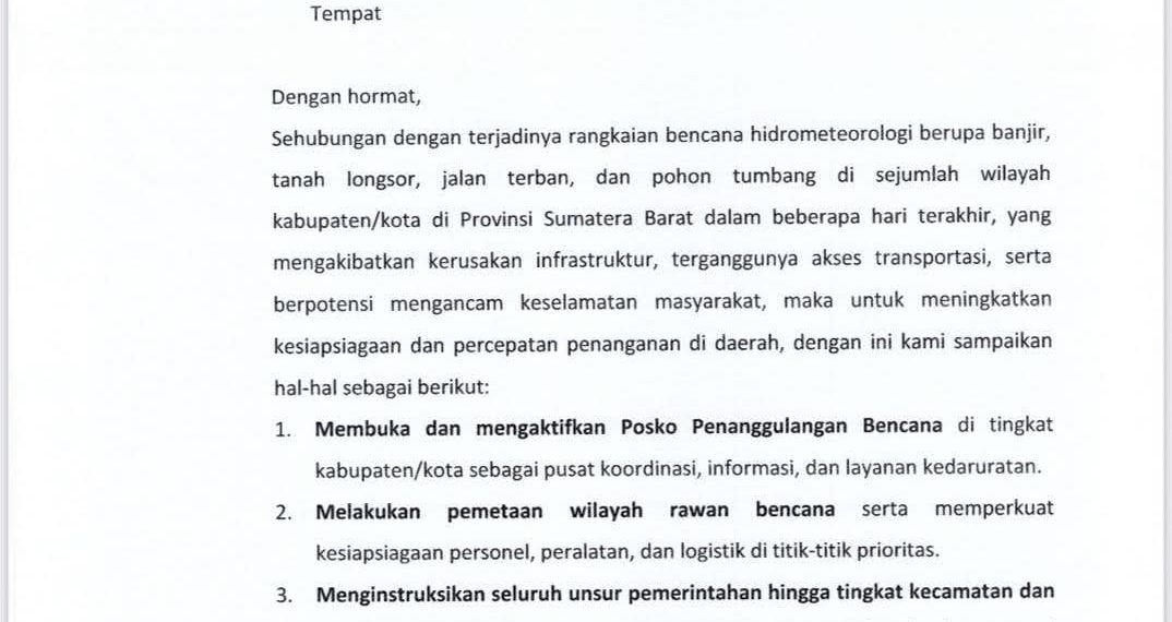 Gubernur Sumbar Surati Bupati/Walikota Daerah Terdampak untuk Percepatan Penanganan Bencana