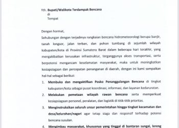 Gubernur Sumbar Surati Bupati/Walikota Daerah Terdampak untuk Percepatan Penanganan Bencana