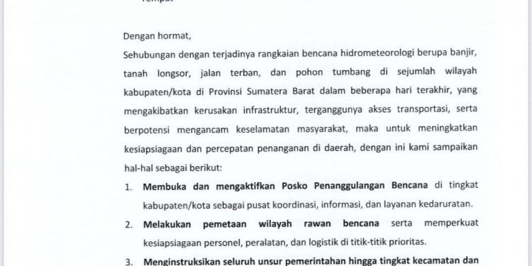 Gubernur Sumbar Surati Bupati/Walikota Daerah Terdampak untuk Percepatan Penanganan Bencana